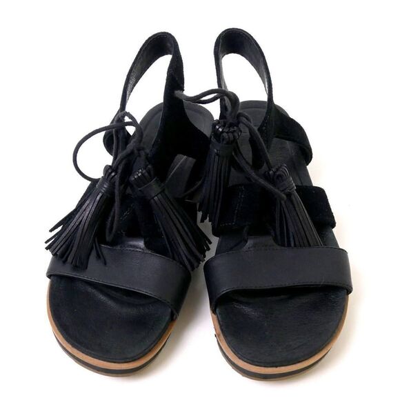 UGG Maryssa BLACK GENUINE LEATHER SUEDE TASSELS FLAT GLADIATOR SLINGBACK Sz 5 US - Picture 5 of 8